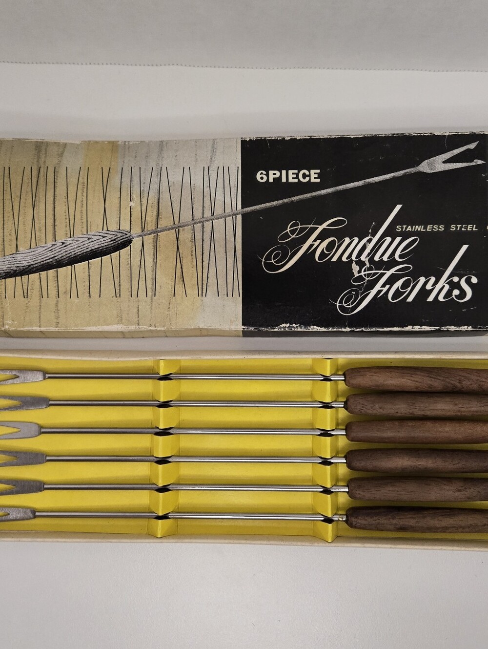 Vintage 6 Fondue Forks Color Tip Wood Handles Stainless Steel Japan Original Box